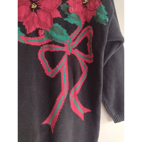 Vintage 90s Holiday Sweater L Pretty Bold Poinsettia Picone Sport Mock Neck - Picture 8 of 10
